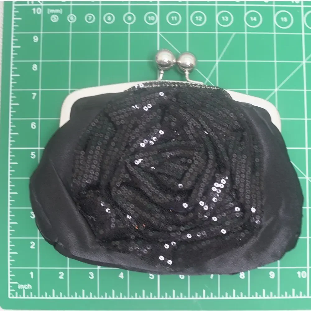 NWT Black Satin Lace & Sequin Rose Clutch Kiss Lock Holiday Evening Cottagecore